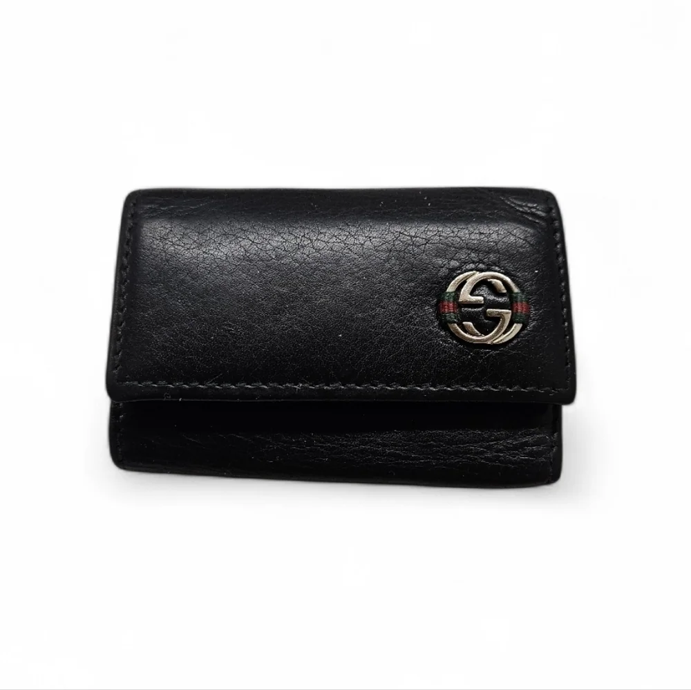 Gucci GG Marmont Black Leather Card And Key Holder Wallet In Black And Silver